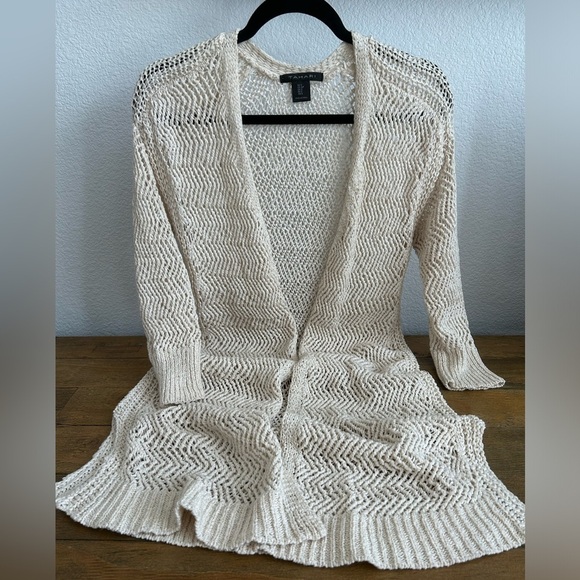 TAHARI Ivory Open Knit Long Tunic Cardigan Lightweight Beach Bohemian Sz Small - Picture 1 of 9